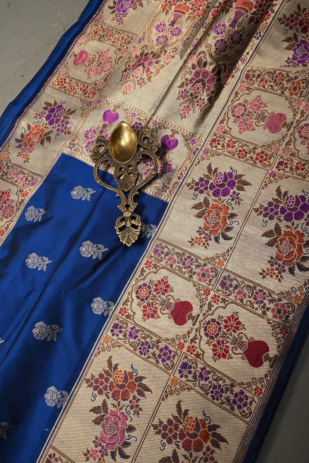 Ink Blue Pure Banarasi Katan Silk Saree with Floral Zari Buttas and Paithani Style Meenakari Zari Border | SILK MARK CERTIFIED | SHOBITAM