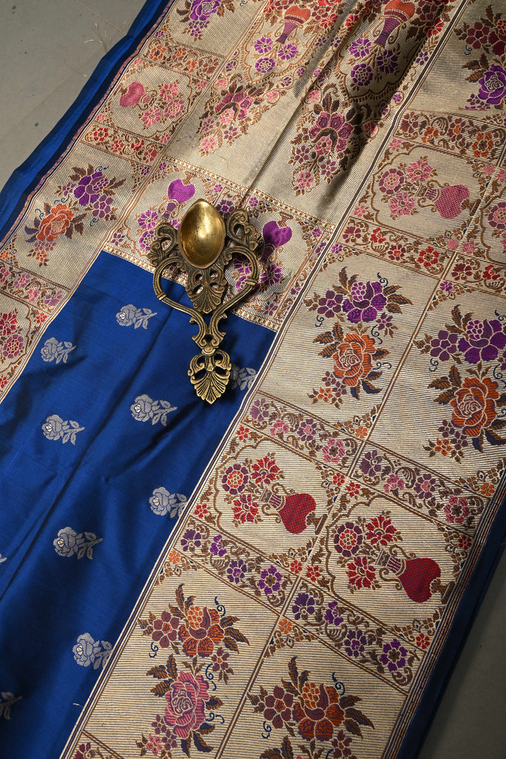 Ink Blue Pure Banarasi Katan Silk Saree with Floral Zari Buttas and Paithani Style Meenakari Zari Border | SILK MARK CERTIFIED | SHOBITAM