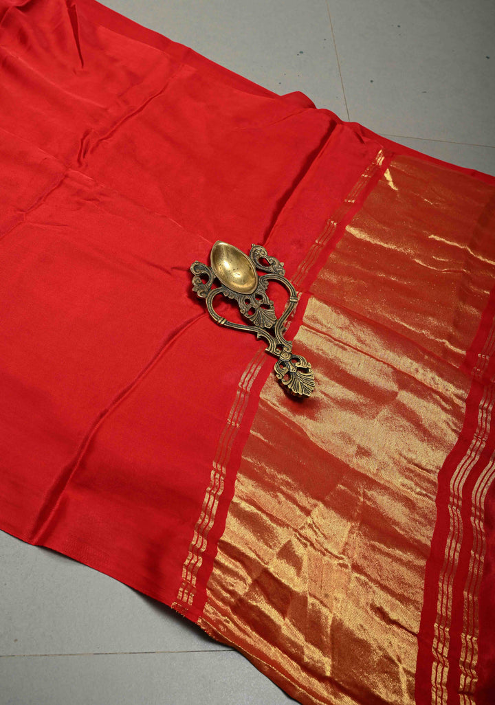 Crimson Red Borderless Modal Silk Saree with Lagda Patta Crushed Pallu | SHOBITAM