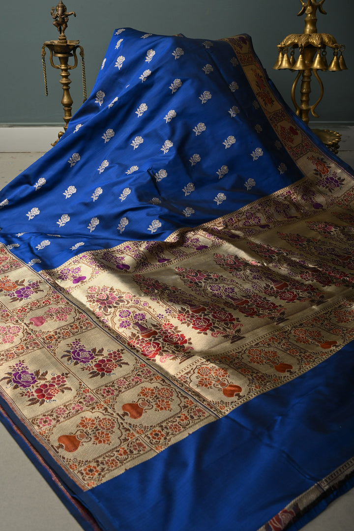 Ink Blue Pure Banarasi Katan Silk Saree with Floral Zari Buttas and Paithani Style Meenakari Zari Border | SILK MARK CERTIFIED | SHOBITAM