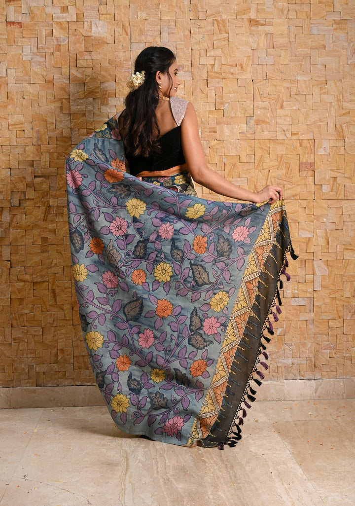 Black Authentic Pen Kalamkari on pure Assam Silk with Forest Tribes and Floral on Pallu  | SILK MARKED CERTIFIED
