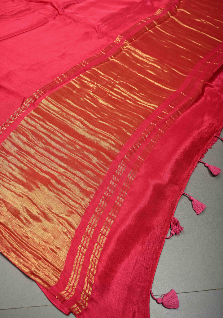 Rani Pink Borderless Modal Silk Saree with Lagda Patta Crushed Pallu | SHOBITAM