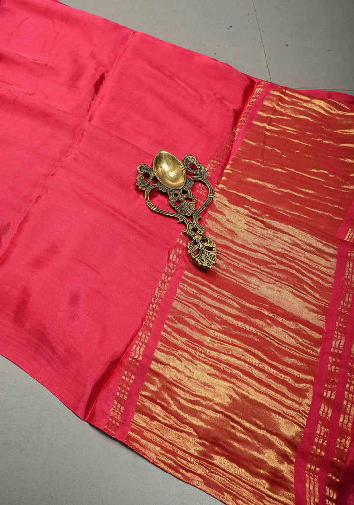 Rani Pink Borderless Modal Silk Saree with Lagda Patta Crushed Pallu | SHOBITAM