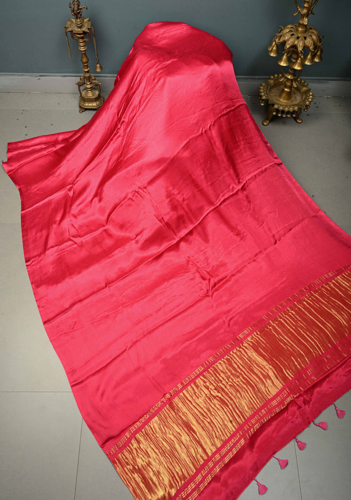 Rani Pink Borderless Modal Silk Saree with Lagda Patta Crushed Pallu | SHOBITAM