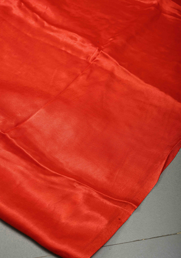 Orangish Red Borderless Modal Silk Saree with Lagda Patta Crushed Pallu | SHOBITAM
