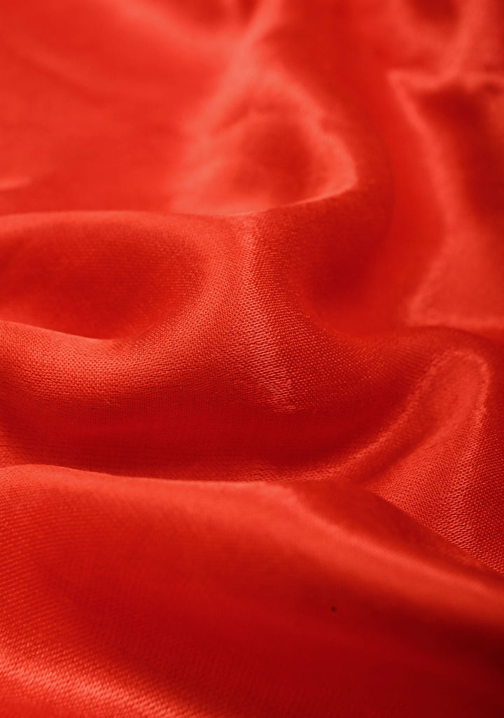 Orangish Red Borderless Modal Silk Saree with Lagda Patta Crushed Pallu | SHOBITAM