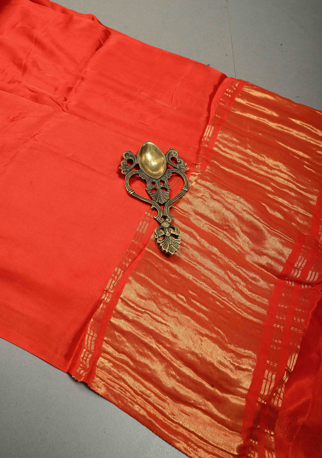 Orangish Red Borderless Modal Silk Saree with Lagda Patta Crushed Pallu | SHOBITAM