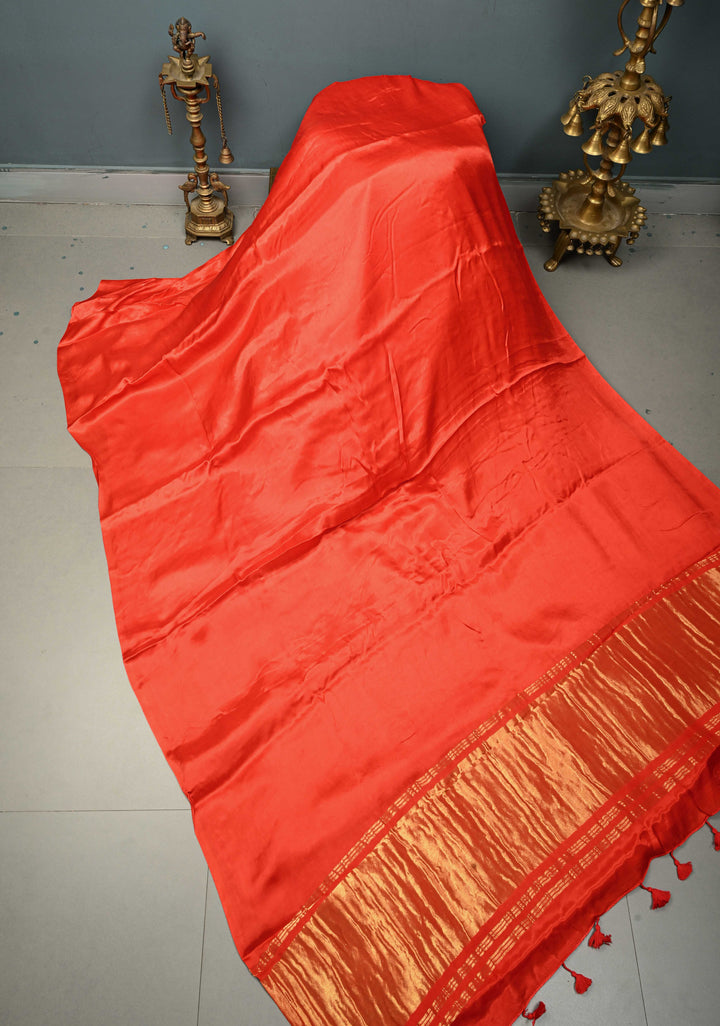 Orangish Red Borderless Modal Silk Saree with Lagda Patta Crushed Pallu | SHOBITAM