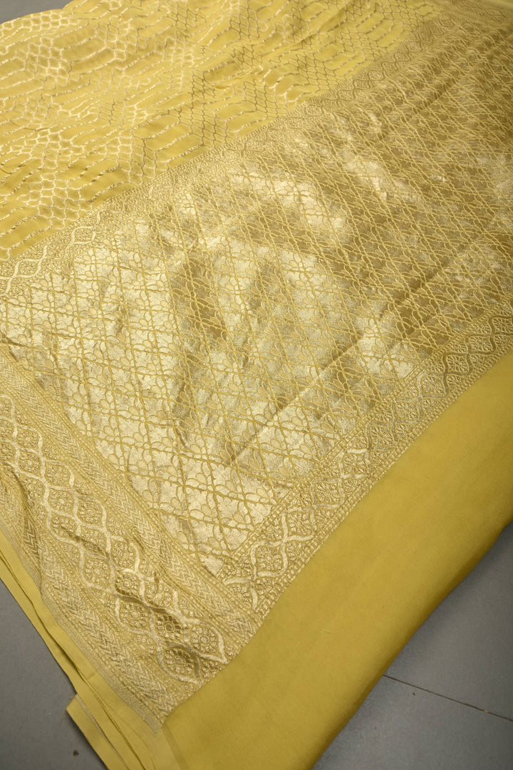 Pastel Yellow Banarasi Silk Georgette Saree with Zari Brocade Zari Border| SILK MARK CERTIFIED | SHOBITAM