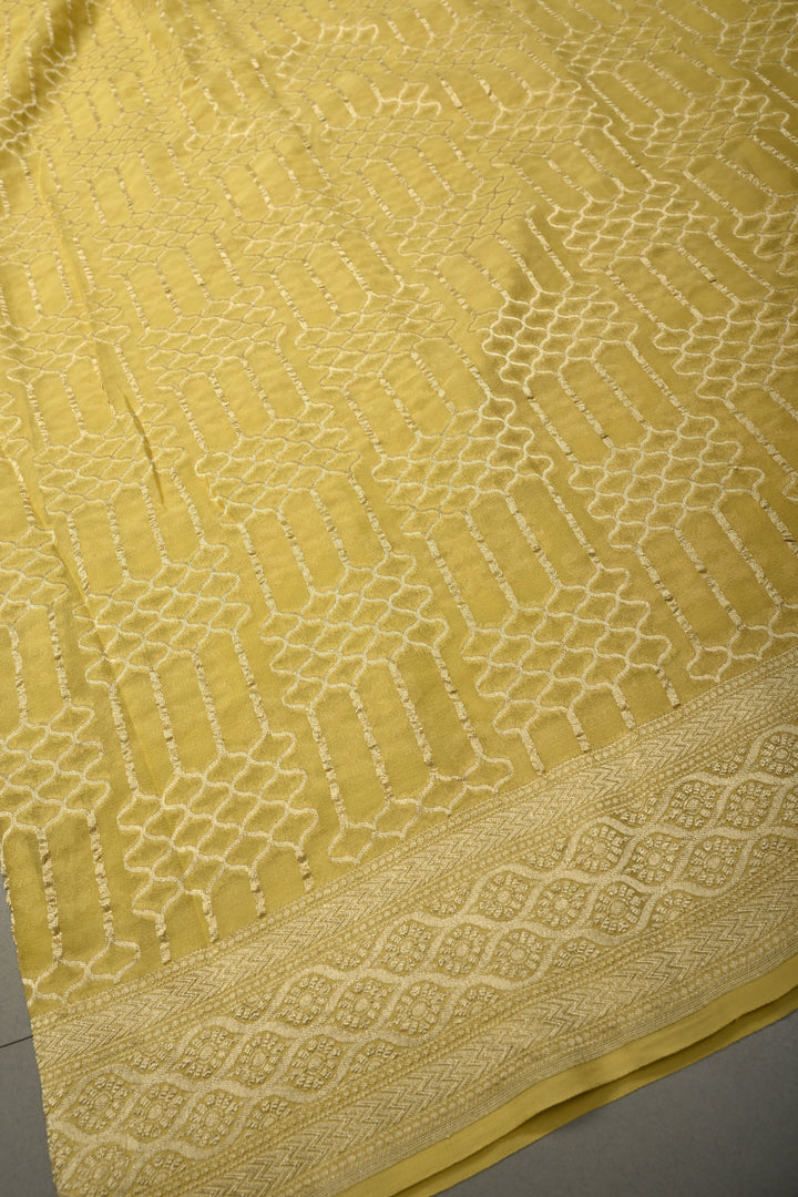 Pastel Yellow Banarasi Silk Georgette Saree with Zari Brocade Zari Border| SILK MARK CERTIFIED | SHOBITAM