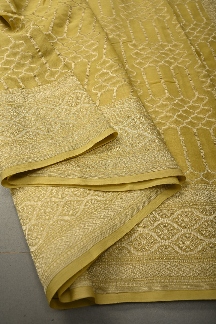 Pastel Yellow Banarasi Silk Georgette Saree with Zari Brocade Zari Border| SILK MARK CERTIFIED | SHOBITAM
