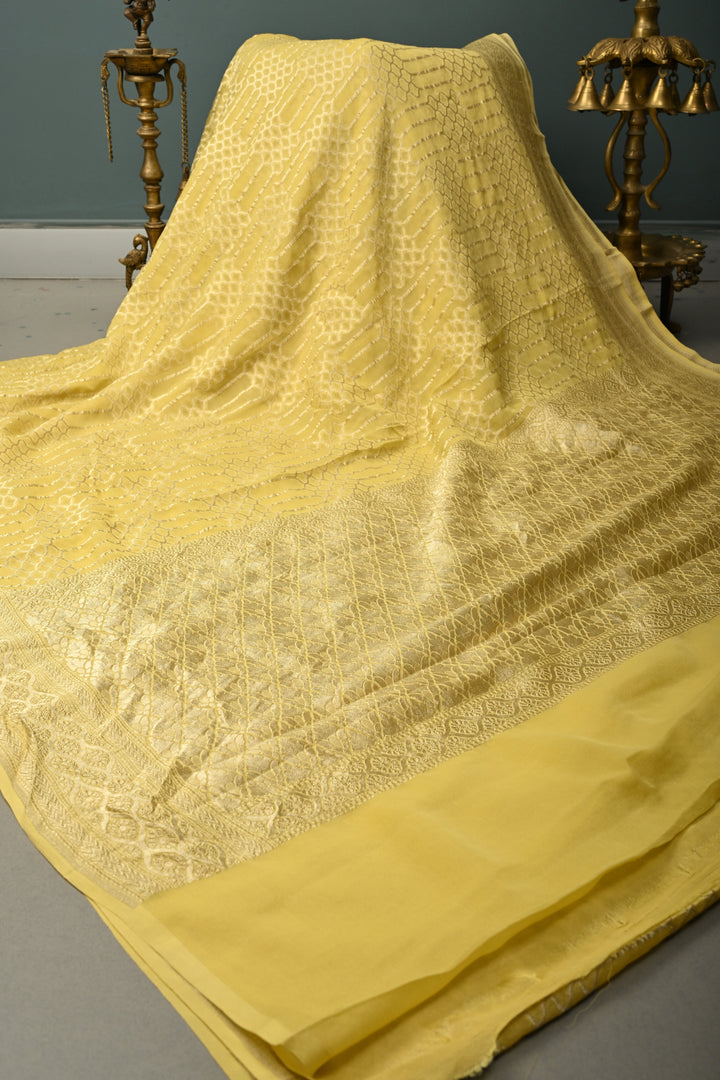 Pastel Yellow Banarasi Silk Georgette Saree with Zari Brocade Zari Border| SILK MARK CERTIFIED | SHOBITAM