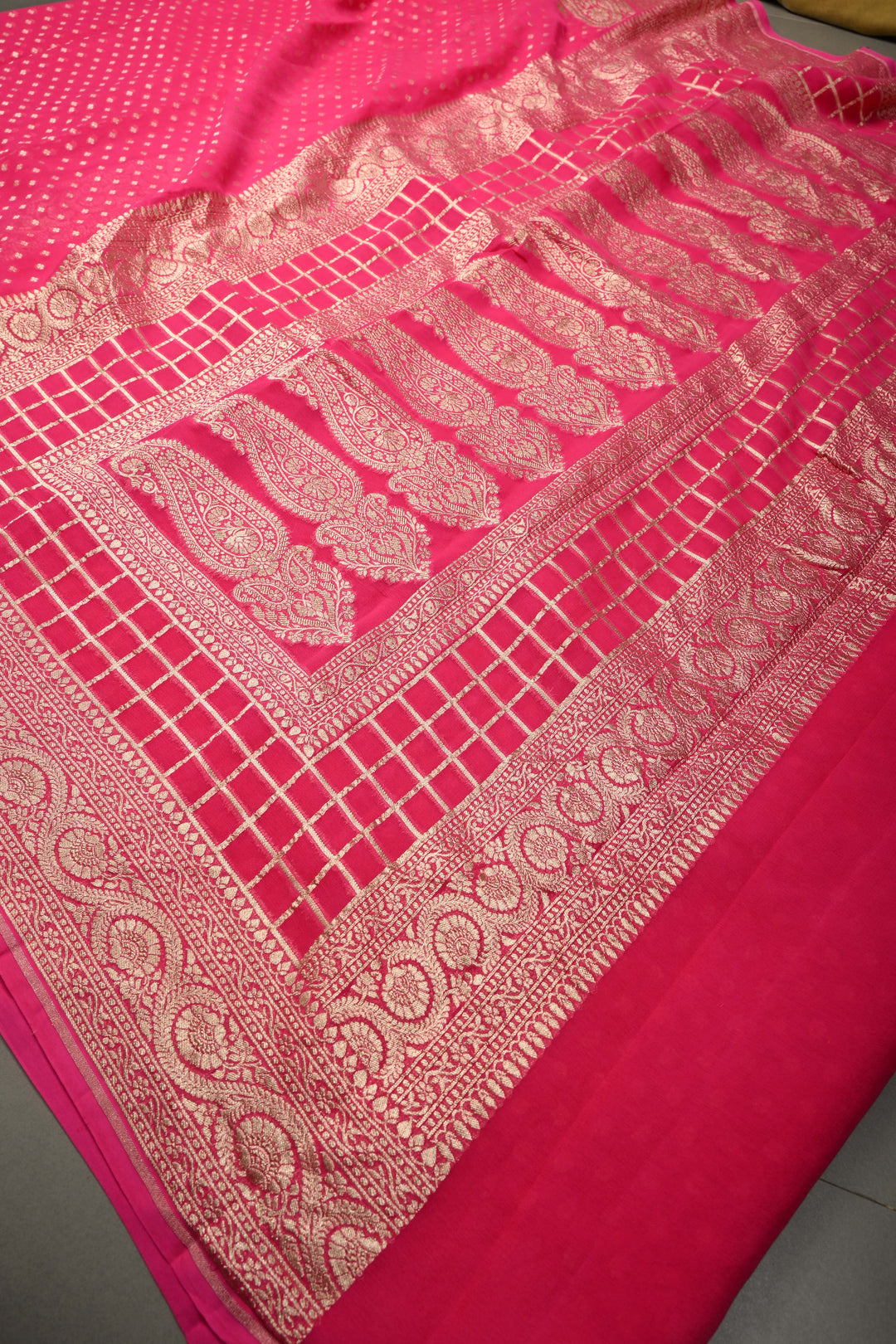 Deep Pink Zari Chunri Buttis Brocade on Banarasi Georgette Silk Saree with Koniya Motifs and Zari Border | SILK MARK CERTIFIED | SHOBITAM