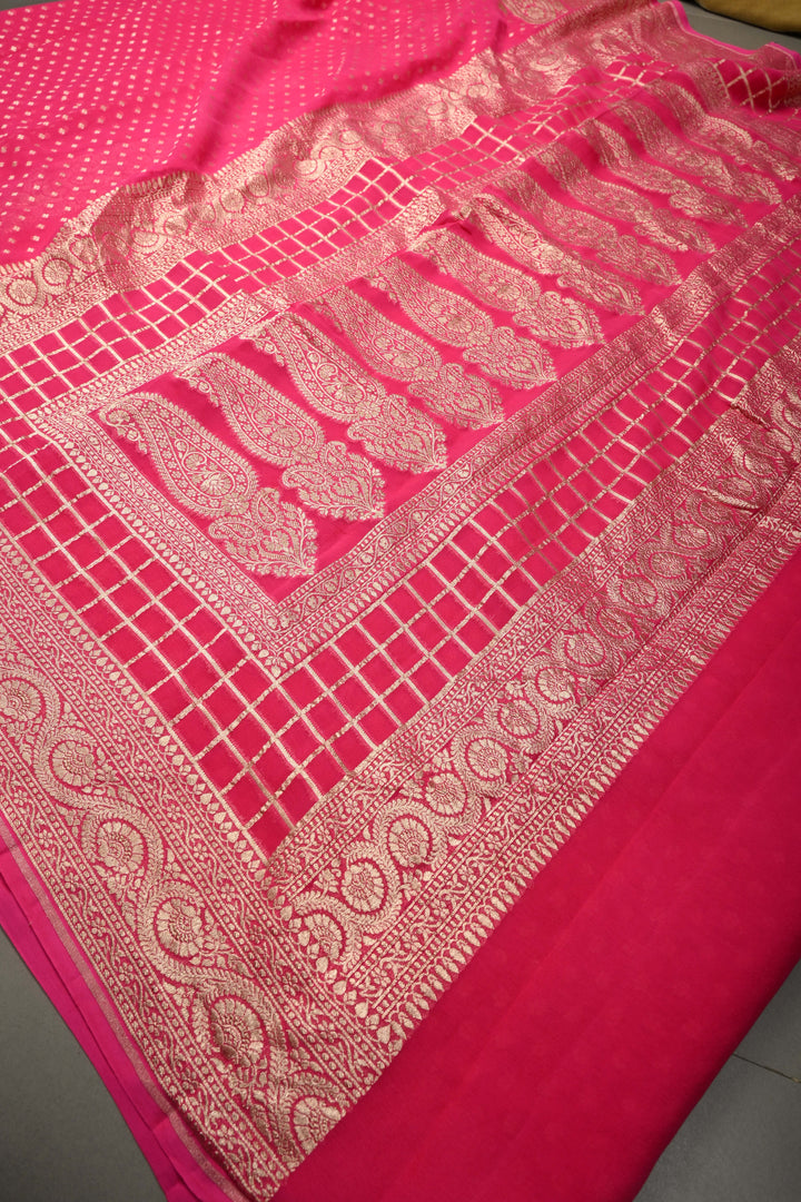 Deep Pink Zari Chunri Buttis Brocade on Banarasi Georgette Silk Saree with Koniya Motifs and Zari Border | SILK MARK CERTIFIED | SHOBITAM