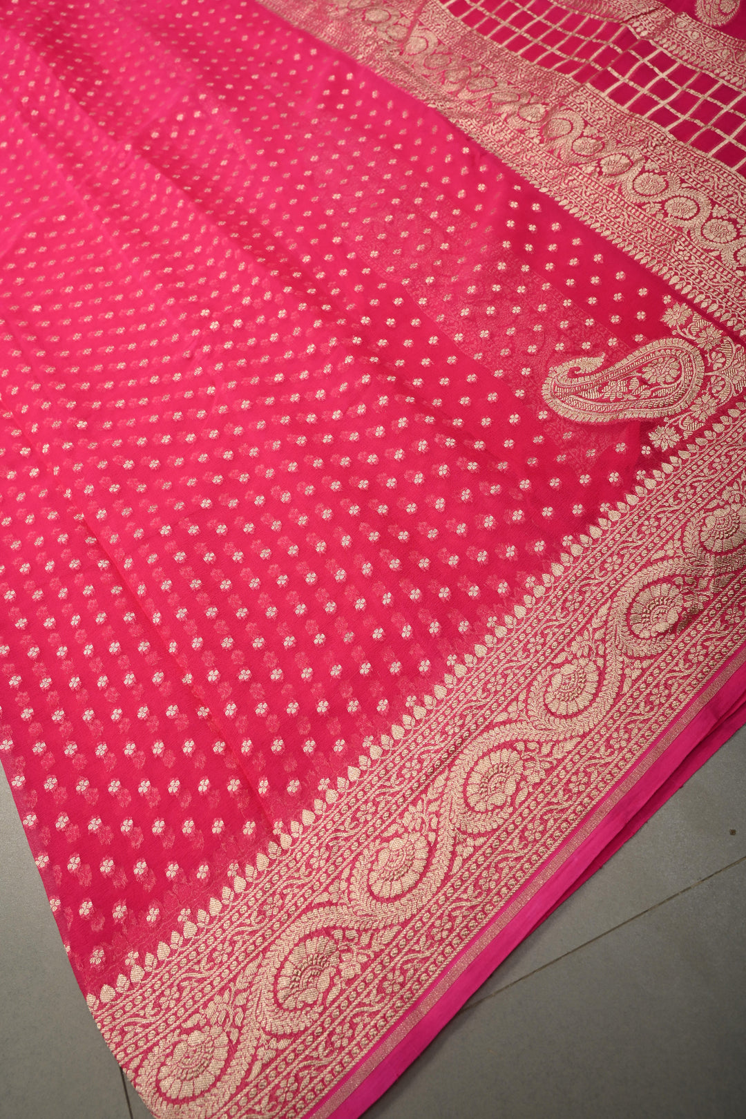 Deep Pink Zari Chunri Buttis Brocade on Banarasi Georgette Silk Saree with Koniya Motifs and Zari Border | SILK MARK CERTIFIED | SHOBITAM