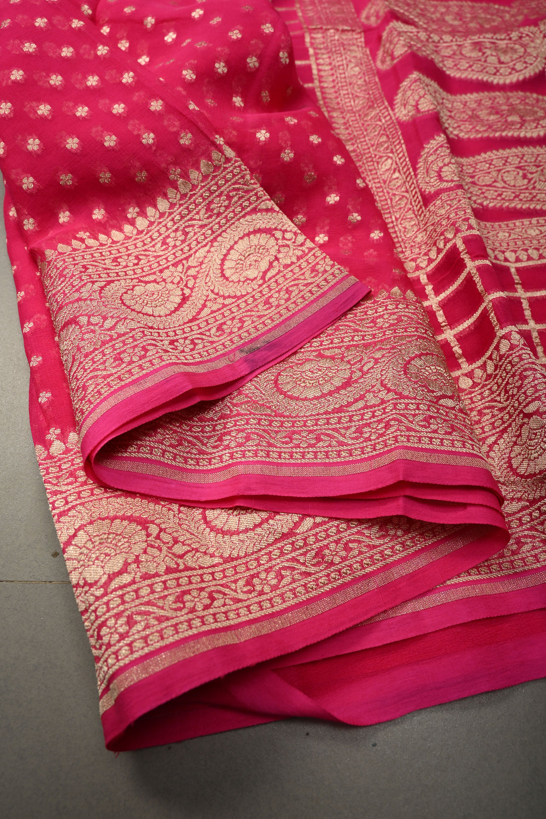 Deep Pink Zari Chunri Buttis Brocade on Banarasi Georgette Silk Saree with Koniya Motifs and Zari Border | SILK MARK CERTIFIED | SHOBITAM