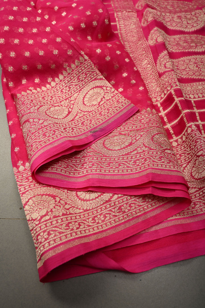 Deep Pink Zari Chunri Buttis Brocade on Banarasi Georgette Silk Saree with Koniya Motifs and Zari Border | SILK MARK CERTIFIED | SHOBITAM