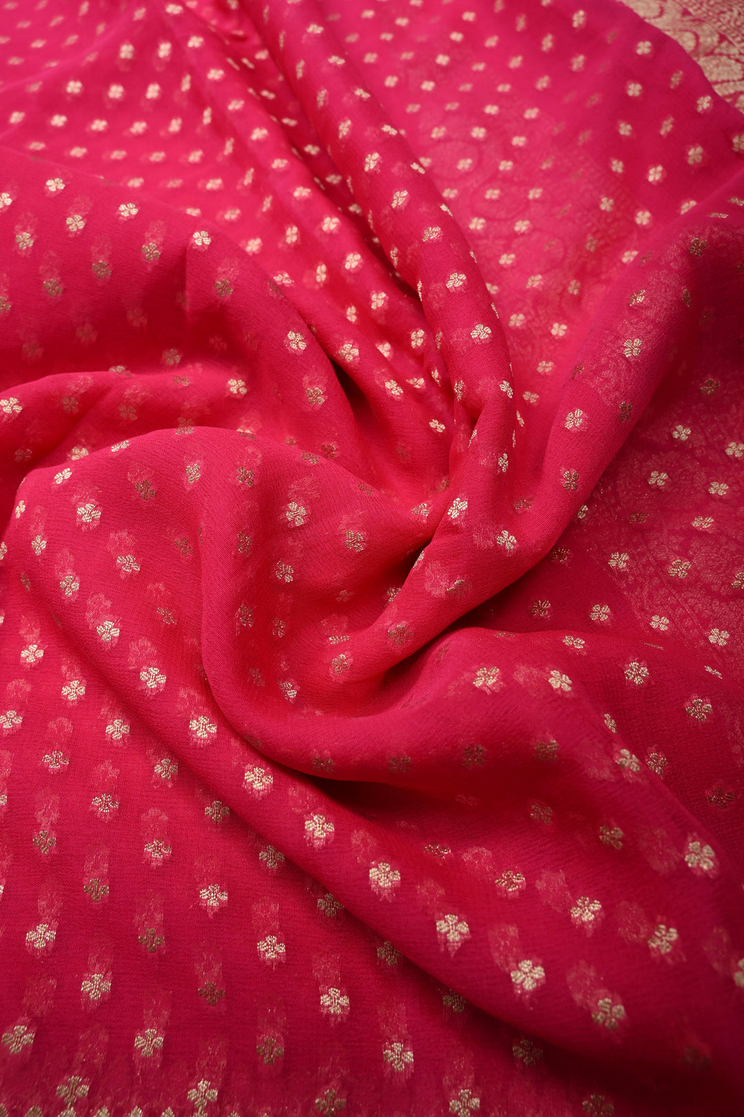 Deep Pink Zari Chunri Buttis Brocade on Banarasi Georgette Silk Saree with Koniya Motifs and Zari Border | SILK MARK CERTIFIED | SHOBITAM