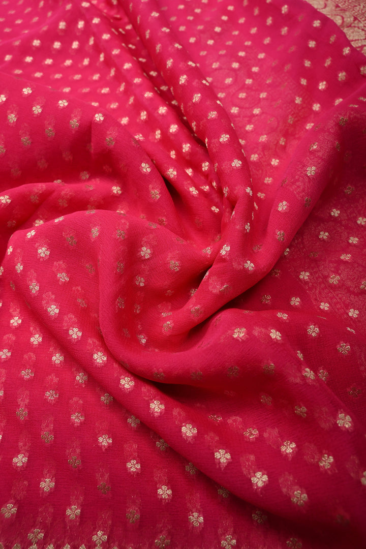Deep Pink Zari Chunri Buttis Brocade on Banarasi Georgette Silk Saree with Koniya Motifs and Zari Border | SILK MARK CERTIFIED | SHOBITAM
