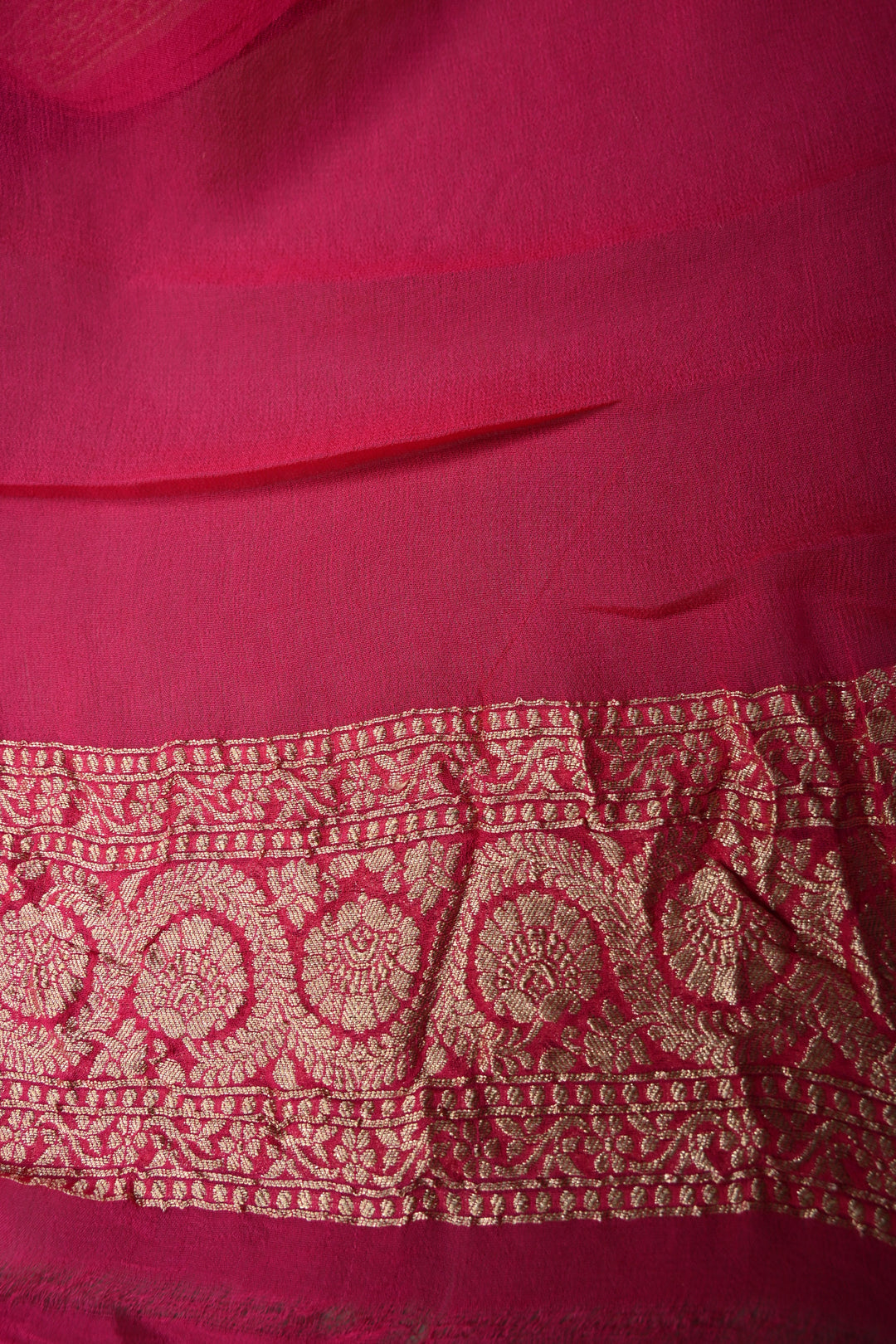 Deep Pink Zari Chunri Buttis Brocade on Banarasi Georgette Silk Saree with Koniya Motifs and Zari Border | SILK MARK CERTIFIED | SHOBITAM