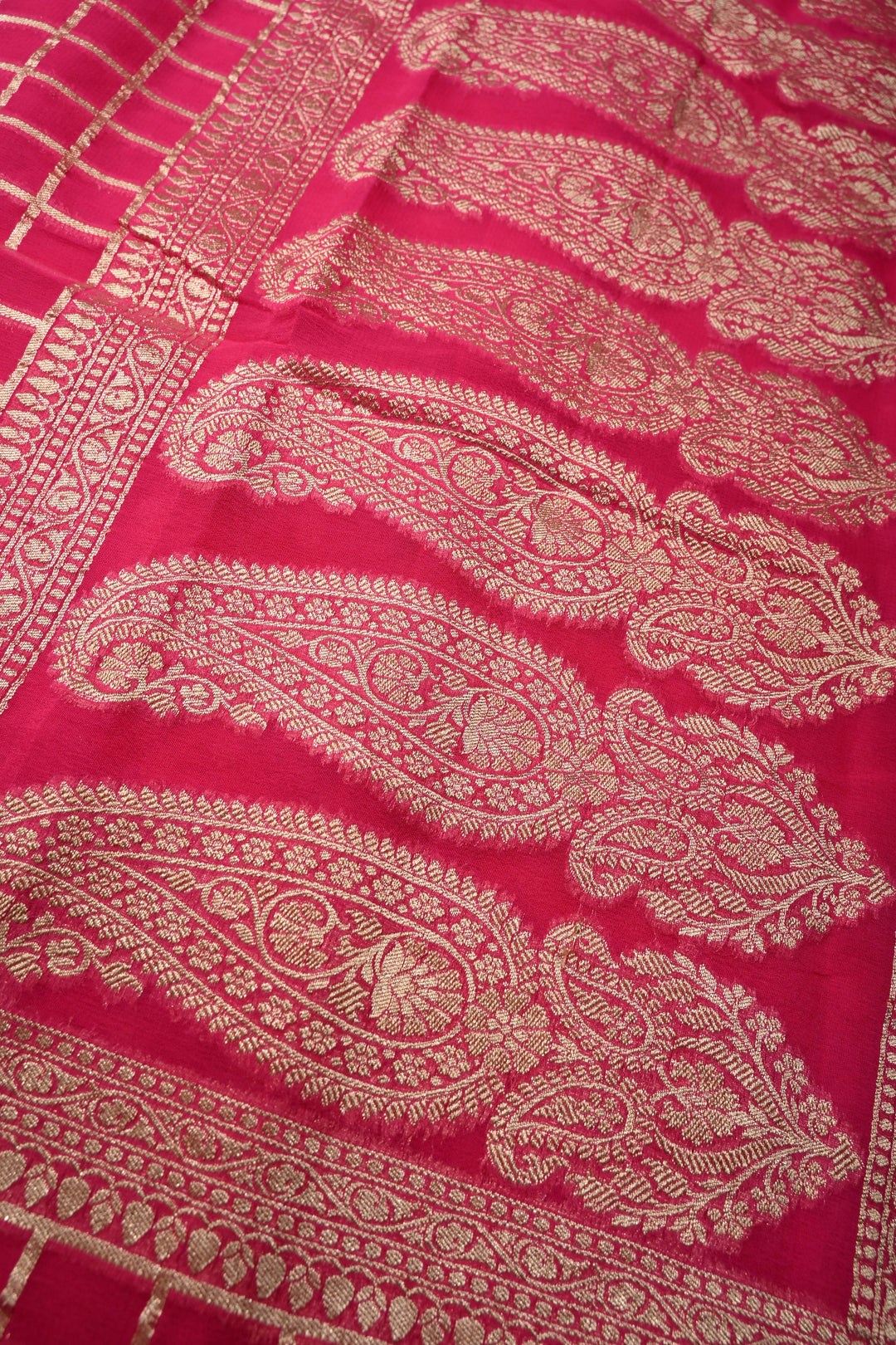 Deep Pink Zari Chunri Buttis Brocade on Banarasi Georgette Silk Saree with Koniya Motifs and Zari Border | SILK MARK CERTIFIED | SHOBITAM