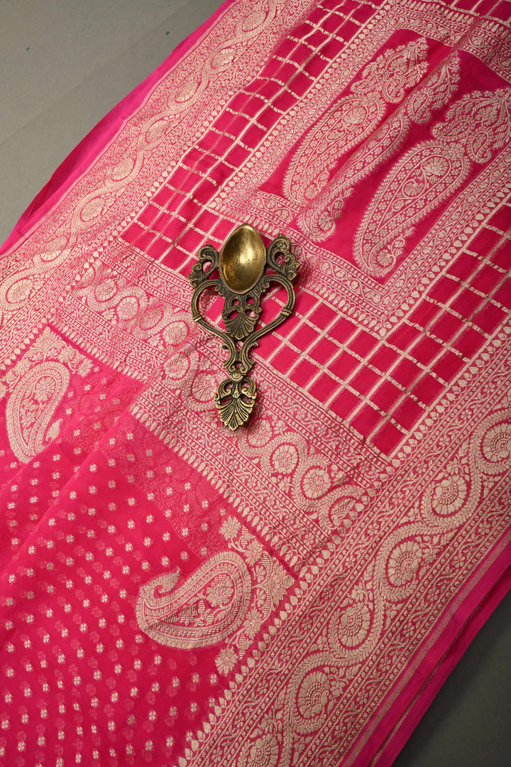 Deep Pink Zari Chunri Buttis Brocade on Banarasi Georgette Silk Saree with Koniya Motifs and Zari Border | SILK MARK CERTIFIED | SHOBITAM