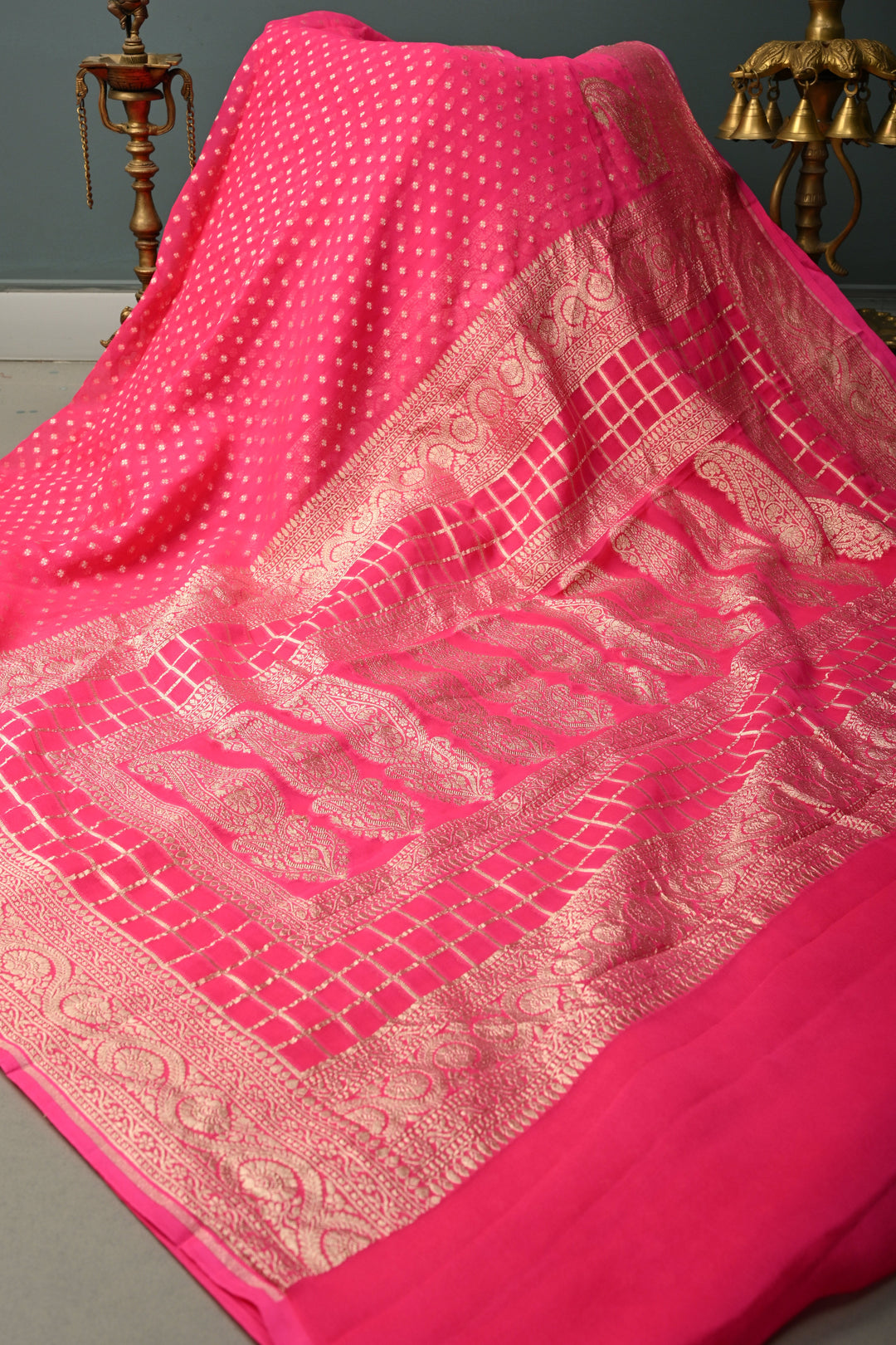 Deep Pink Zari Chunri Buttis Brocade on Banarasi Georgette Silk Saree with Koniya Motifs and Zari Border | SILK MARK CERTIFIED | SHOBITAM