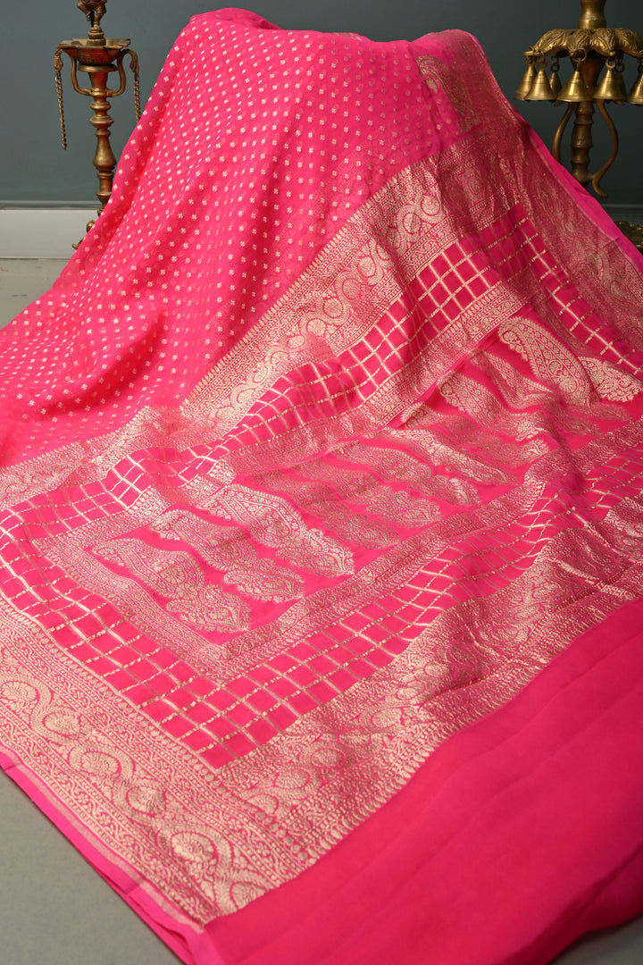 Deep Pink Zari Chunri Buttis Brocade on Banarasi Georgette Silk Saree with Koniya Motifs and Zari Border | SILK MARK CERTIFIED | SHOBITAM