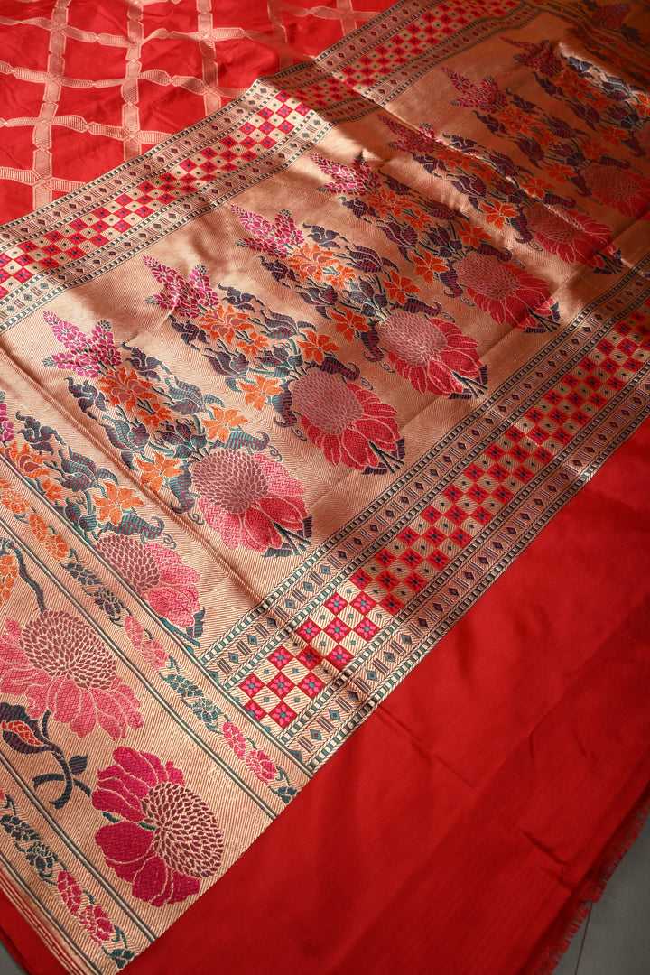 Blood Red Pure Banarasi Katan Silk Saree with Geometric Zari Brocade and Paithani Style Meenakari Zari Border | SILK MARK CERTIFIED | SHOBITAM
