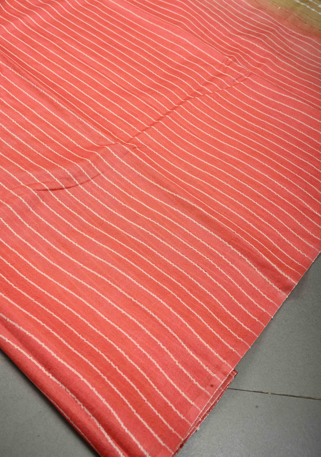 Coral Pink Borderless Semi Tussar Saree with Horizontal Thread Stripes and Contrast Pallu