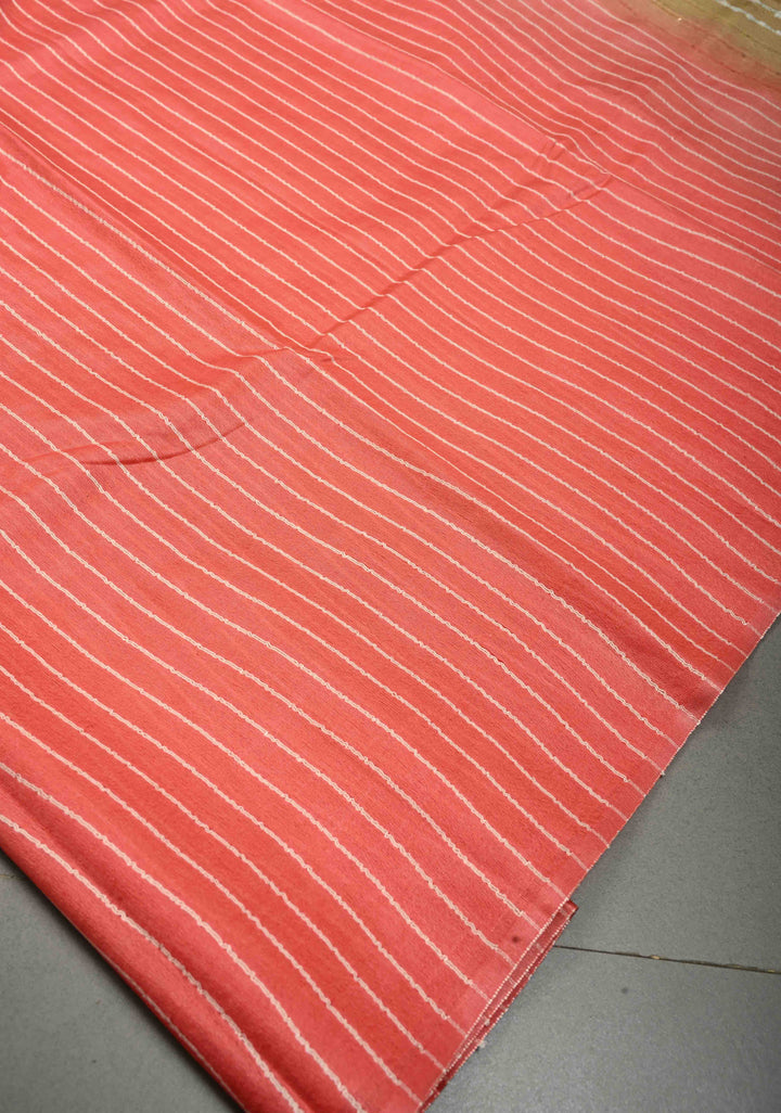 Coral Pink Borderless Semi Tussar Saree with Horizontal Thread Stripes and Contrast Pallu