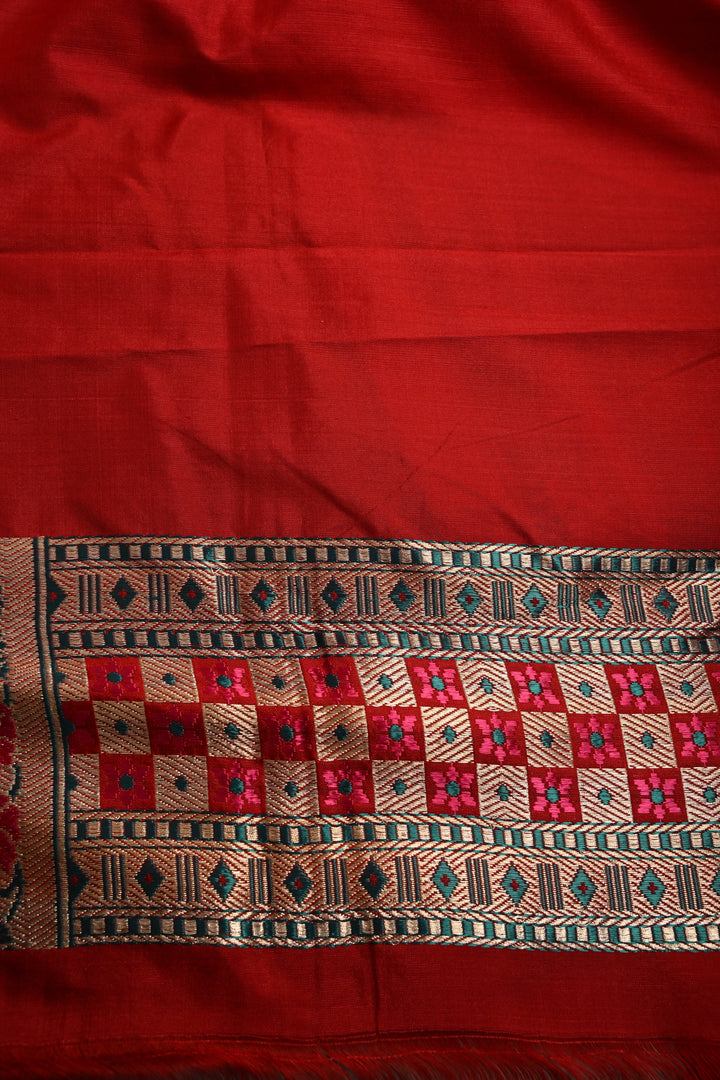 Blood Red Pure Banarasi Katan Silk Saree with Geometric Zari Brocade and Paithani Style Meenakari Zari Border | SILK MARK CERTIFIED | SHOBITAM