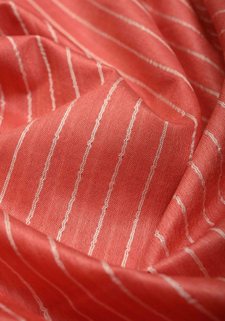 Coral Pink Borderless Semi Tussar Saree with Horizontal Thread Stripes and Contrast Pallu