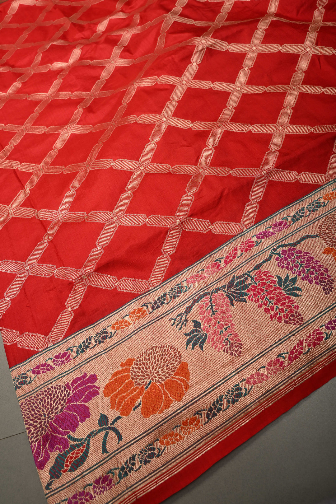 Blood Red Pure Banarasi Katan Silk Saree with Geometric Zari Brocade and Paithani Style Meenakari Zari Border | SILK MARK CERTIFIED | SHOBITAM