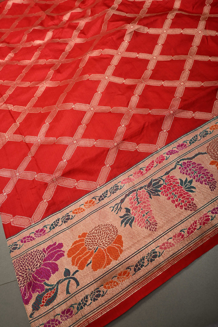 Blood Red Pure Banarasi Katan Silk Saree with Geometric Zari Brocade and Paithani Style Meenakari Zari Border | SILK MARK CERTIFIED | SHOBITAM