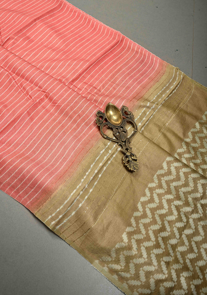 Coral Pink Borderless Semi Tussar Saree with Horizontal Thread Stripes and Contrast Pallu