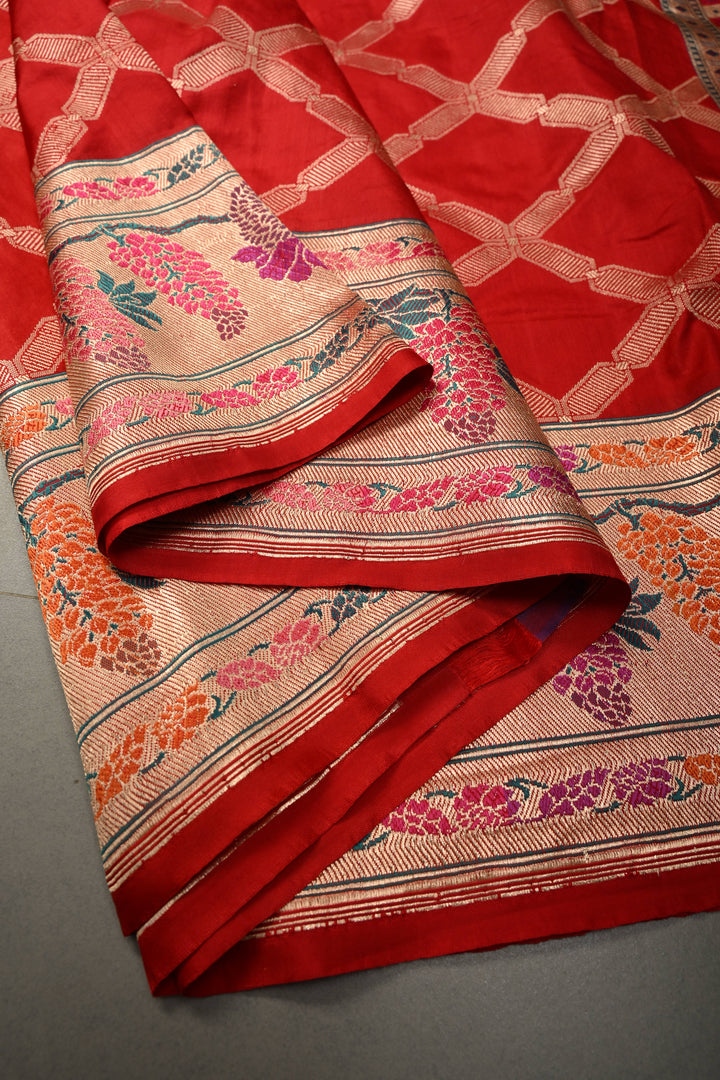 Blood Red Pure Banarasi Katan Silk Saree with Geometric Zari Brocade and Paithani Style Meenakari Zari Border | SILK MARK CERTIFIED | SHOBITAM