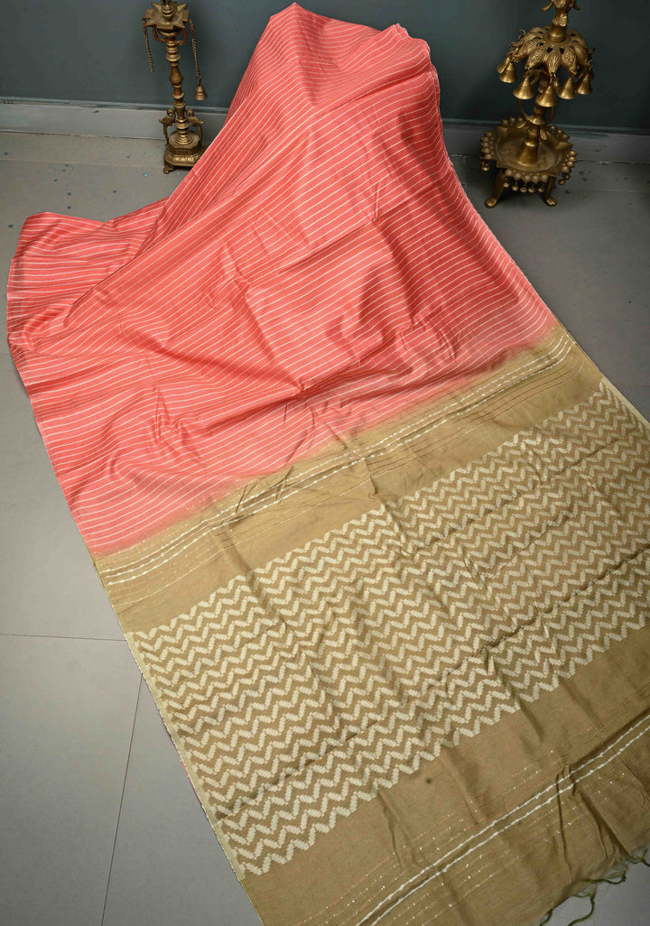 Coral Pink Borderless Semi Tussar Saree with Horizontal Thread Stripes and Contrast Pallu