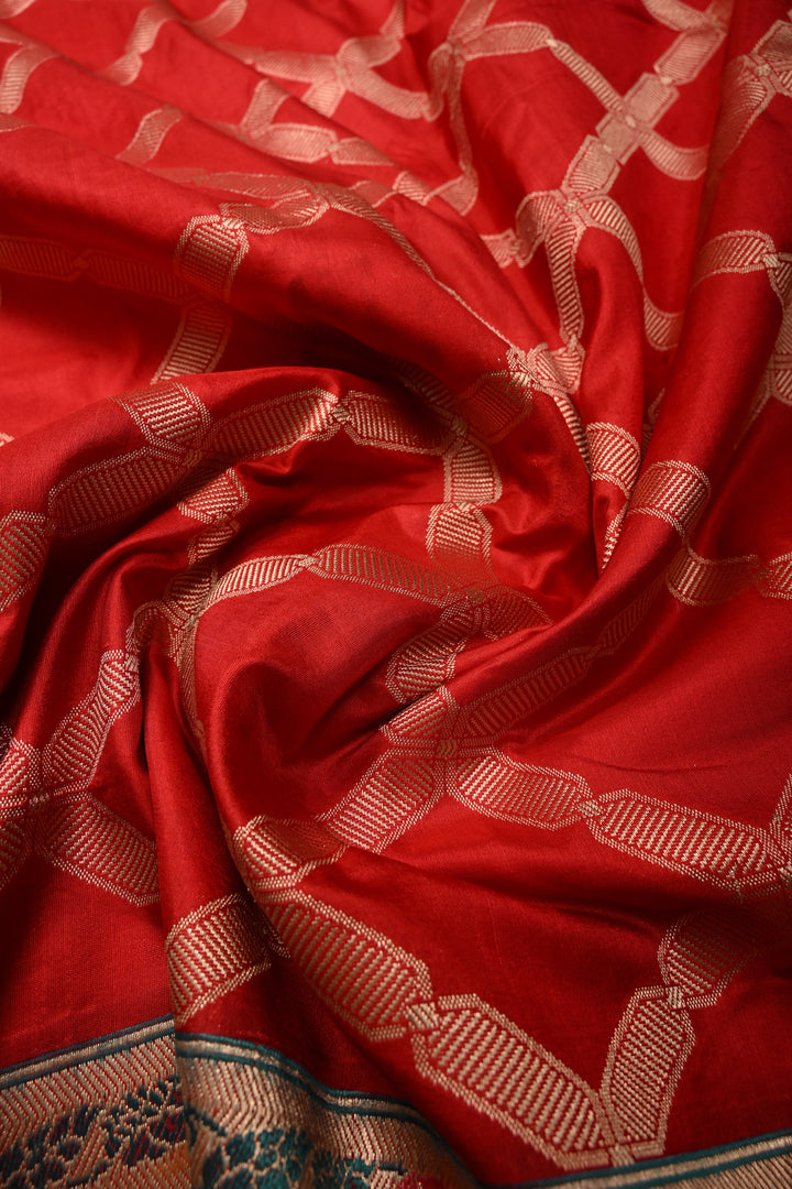 Blood Red Pure Banarasi Katan Silk Saree with Geometric Zari Brocade and Paithani Style Meenakari Zari Border | SILK MARK CERTIFIED | SHOBITAM
