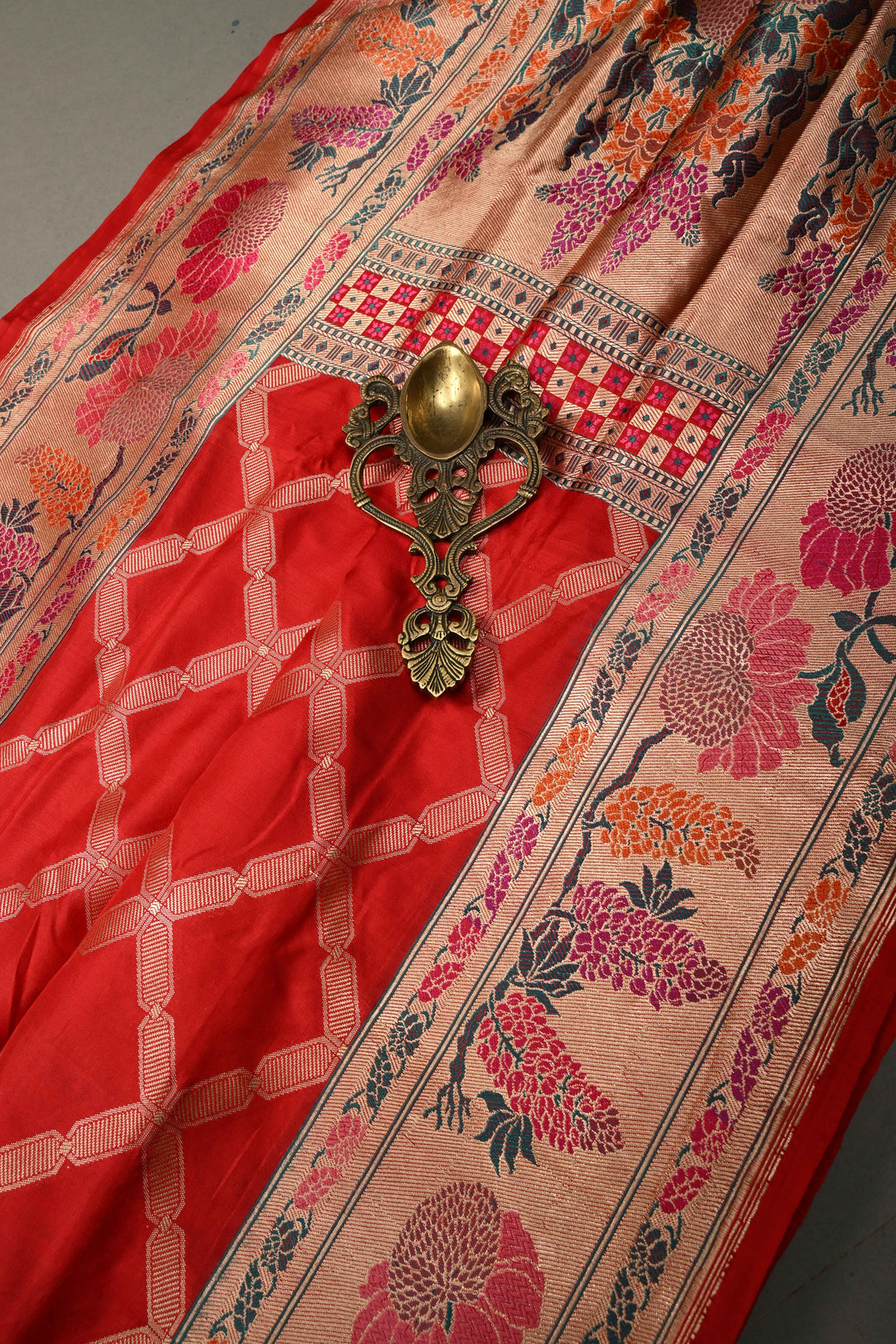 Blood Red Pure Banarasi Katan Silk Saree with Geometric Zari Brocade and Paithani Style Meenakari Zari Border | SILK MARK CERTIFIED | SHOBITAM