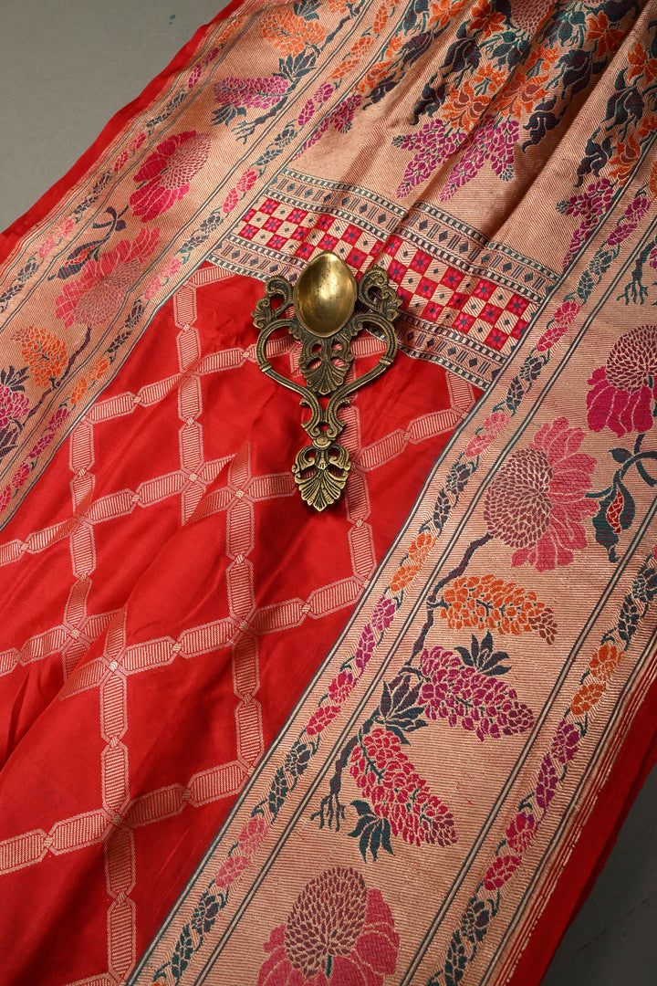 Blood Red Pure Banarasi Katan Silk Saree with Geometric Zari Brocade and Paithani Style Meenakari Zari Border | SILK MARK CERTIFIED | SHOBITAM