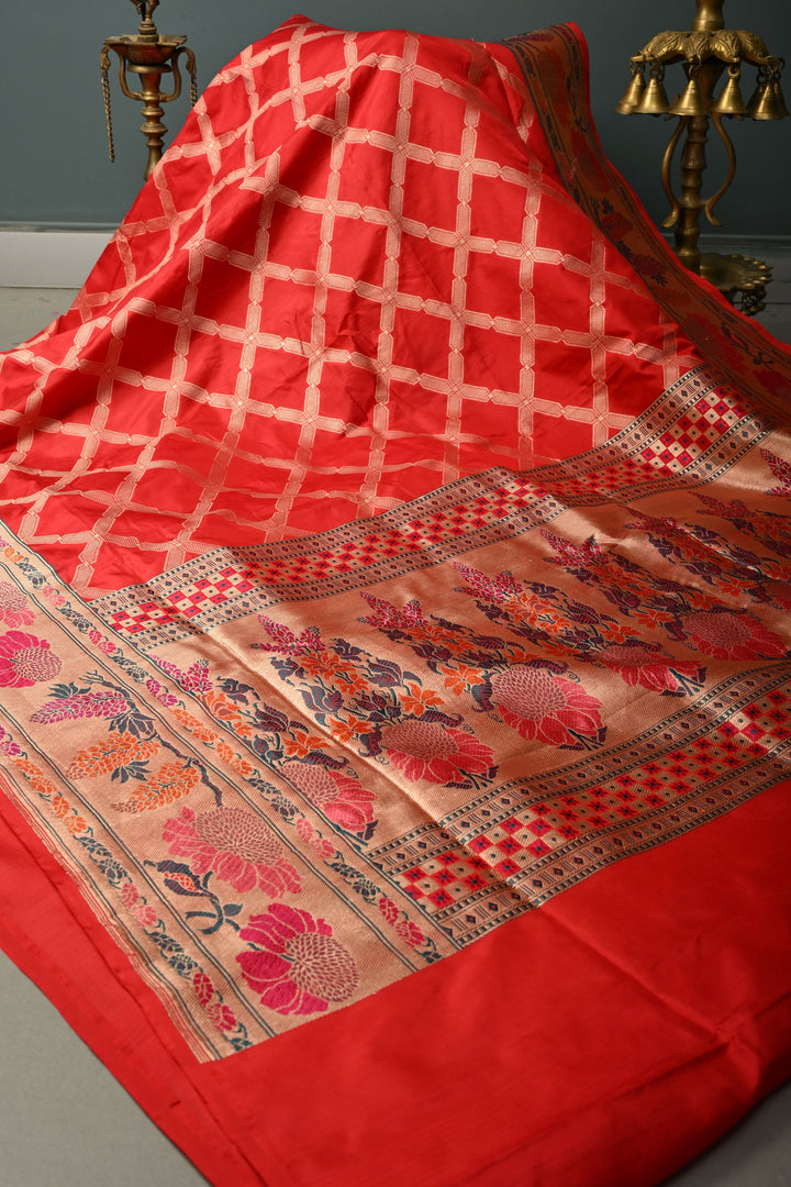 Blood Red Pure Banarasi Katan Silk Saree with Geometric Zari Brocade and Paithani Style Meenakari Zari Border | SILK MARK CERTIFIED | SHOBITAM