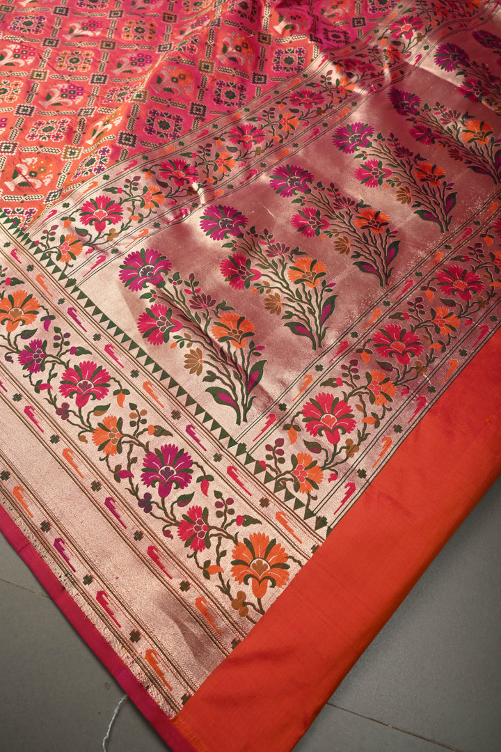 Gulabi-Orange Dual Banarasi Katan Silk Saree with Meenakari Patola Brocade Jaal and Paithani Border | SILK MARK CERTIFIED | SHOBITAM