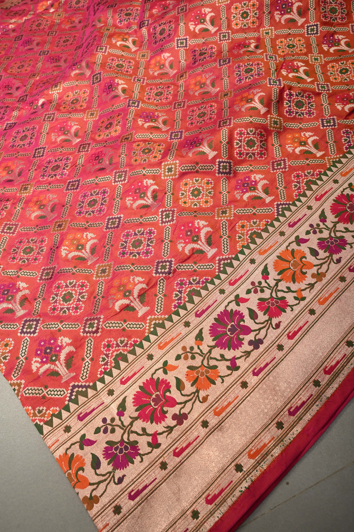 Gulabi-Orange Dual Banarasi Katan Silk Saree with Meenakari Patola Brocade Jaal and Paithani Border | SILK MARK CERTIFIED | SHOBITAM