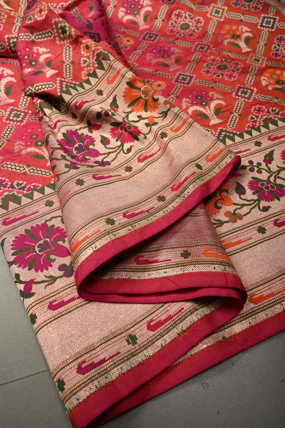 Gulabi-Orange Dual Banarasi Katan Silk Saree with Meenakari Patola Brocade Jaal and Paithani Border | SILK MARK CERTIFIED | SHOBITAM