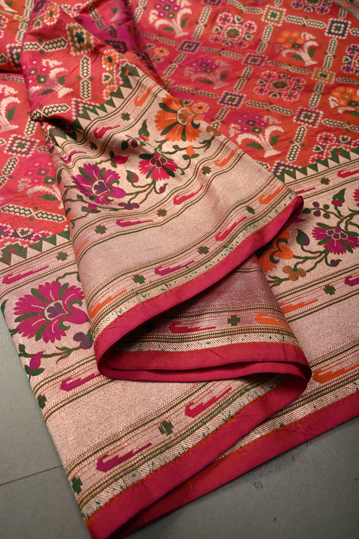 Gulabi-Orange Dual Banarasi Katan Silk Saree with Meenakari Patola Brocade Jaal and Paithani Border | SILK MARK CERTIFIED | SHOBITAM