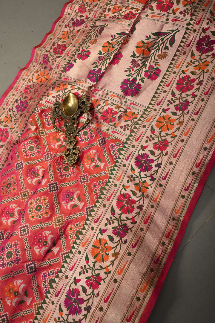 Gulabi-Orange Dual Banarasi Katan Silk Saree with Meenakari Patola Brocade Jaal and Paithani Border | SILK MARK CERTIFIED | SHOBITAM