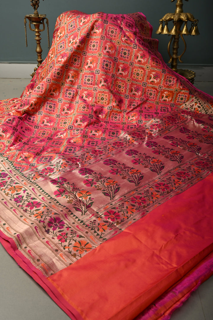 Gulabi-Orange Dual Banarasi Katan Silk Saree with Meenakari Patola Brocade Jaal and Paithani Border | SILK MARK CERTIFIED | SHOBITAM