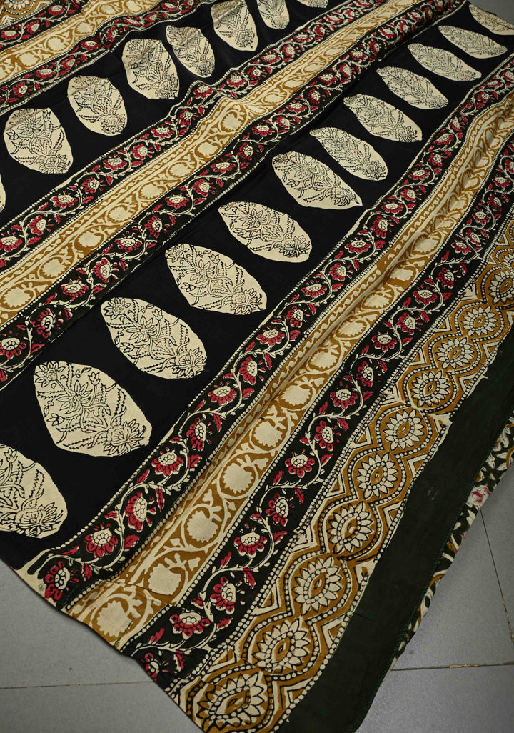 Green Modal Silk Saree with Vanaspati Vegetable Dye Hand Block Print | SHOBITAM