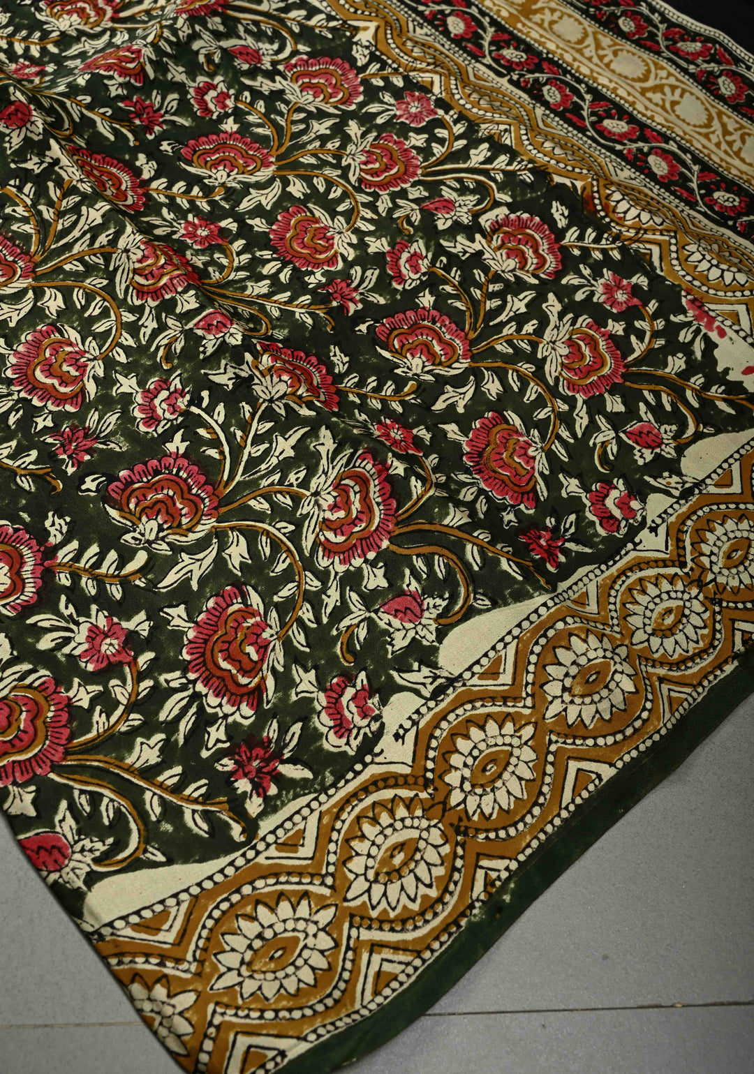 Green Modal Silk Saree with Vanaspati Vegetable Dye Hand Block Print | SHOBITAM